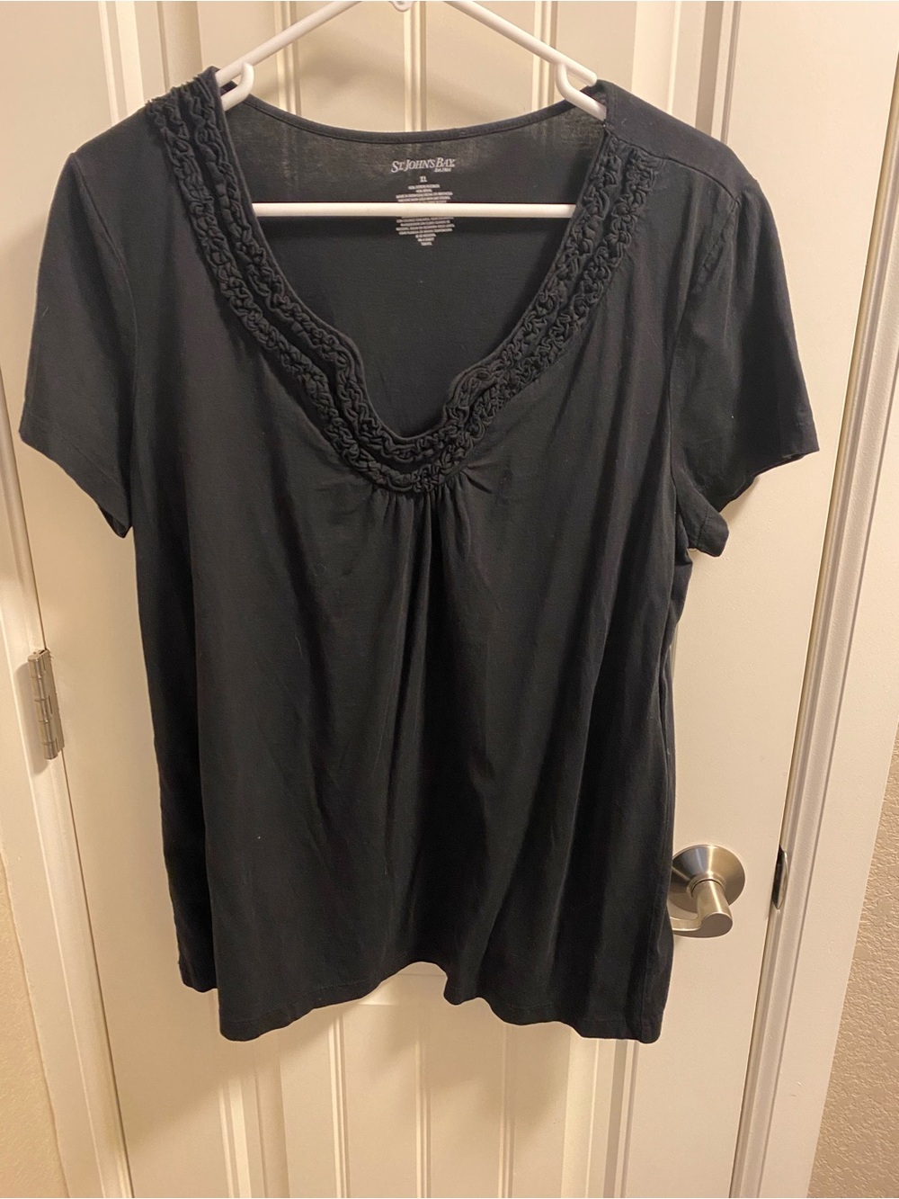 St Johns Bay XL Top Black V-neck Shirt Short Sleeve Cotton Modal Material